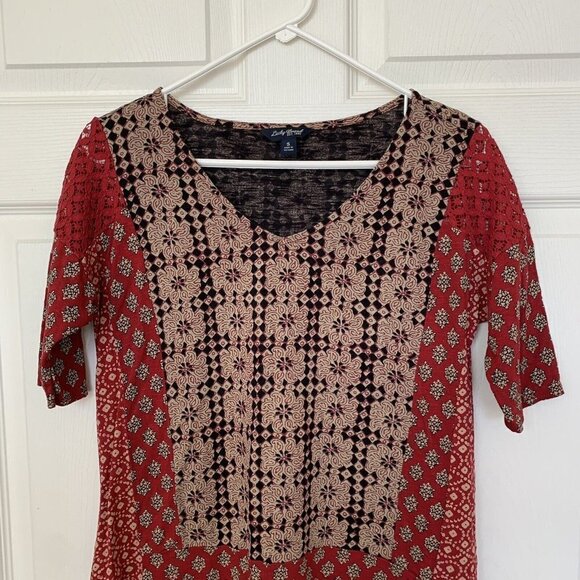 Lucky Brand Women's Shirt Top Size Small Black Tan Red 1/2 Sleeve Crochet - Picture 5 of 10